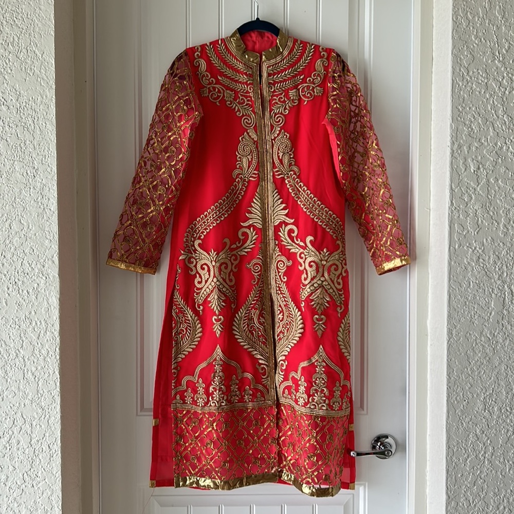 Salwar Kameez Pink Fuschia Indian Gold Embroidered Parallel with Tunic